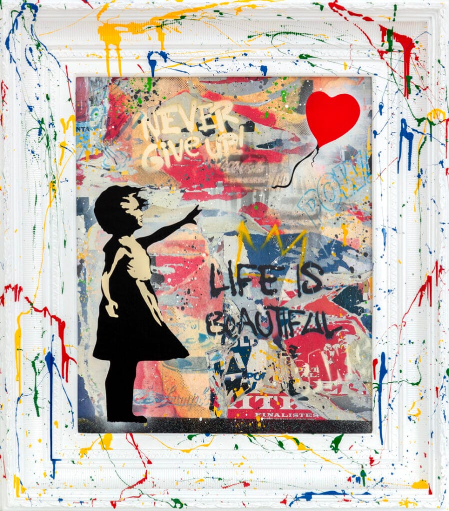 Mr. Brainwash – Balloon Girl White Balloon Girl Whitevan Mr. Brainwash is een krachtig en emotioneel kunstwerk dat nostalgie, hoop en vrijheid uitstraalt. Het beeld van een jong meisje dat reikt naar een rode ballon is universeel herkenbaar. De ballon symboliseert dromen, liefde en het loslaten van beperkingen. De witte achtergrond omlijst met kleurrijke verfspatten versterkt de boodschap: er is altijd ruimte voor hoop, zelfs in een wereld vol chaos. Dit werk toont hoe Mr. Brainwash graffiti, pop-art en iconische symbolen samenbrengt. Krachtige woorden als “Never Give Up” en “Life is Beautiful” zijn zichtbaar in de achtergrond. Ze geven een extra laag betekenis en verbinden visuele schoonheid met inspirerende boodschappen. De rode ballon steekt fel af tegen het wit en trekt de blik direct naar het hart van het kunstwerk. Balloon Girl White laat zien hoe kunst emoties kan oproepen en universele thema’s kan raken. Het werk viert positiviteit en de zoektocht naar vrijheid. Tegelijkertijd brengt het een vleugje speelsheid en kinderlijke verwondering mee. Het benadrukt dat kunst meer is dan beeld: het is een verhaal, een ervaring en een boodschap die je bijblijft.