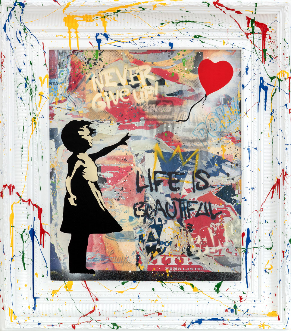 Mr. Brainwash – Balloon Girl White Balloon Girl Whitevan Mr. Brainwash is een krachtig en emotioneel kunstwerk dat nostalgie, hoop en vrijheid uitstraalt. Het beeld van een jong meisje dat reikt naar een rode ballon is universeel herkenbaar. De ballon symboliseert dromen, liefde en het loslaten van beperkingen. De witte achtergrond omlijst met kleurrijke verfspatten versterkt de boodschap: er is altijd ruimte voor hoop, zelfs in een wereld vol chaos. Dit werk toont hoe Mr. Brainwash graffiti, pop-art en iconische symbolen samenbrengt. Krachtige woorden als “Never Give Up” en “Life is Beautiful” zijn zichtbaar in de achtergrond. Ze geven een extra laag betekenis en verbinden visuele schoonheid met inspirerende boodschappen. De rode ballon steekt fel af tegen het wit en trekt de blik direct naar het hart van het kunstwerk. Balloon Girl White laat zien hoe kunst emoties kan oproepen en universele thema’s kan raken. Het werk viert positiviteit en de zoektocht naar vrijheid. Tegelijkertijd brengt het een vleugje speelsheid en kinderlijke verwondering mee. Het benadrukt dat kunst meer is dan beeld: het is een verhaal, een ervaring en een boodschap die je bijblijft.