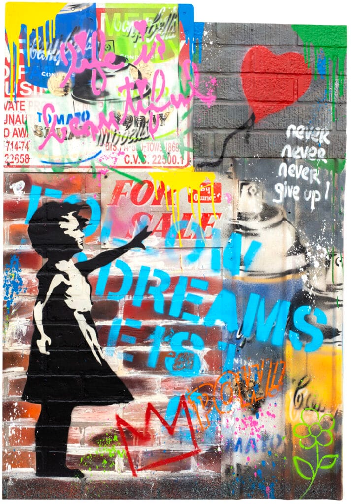 Mr. Brainwash – Balloon Girl Het kunstwerk Balloon Girl van Mr. Brainwash is een ode aan hoop en dromen. De iconische ballon zweeft omhoog en symboliseert vrijheid en verlangen. De speelse combinatie van graffiti, kleurrijke spatten en typografie zorgt voor een energieke compositie. Dit werk verbindt street art met emotie, waardoor de kijker direct geraakt wordt. Mr. Brainwash benadrukt met dit kunstwerk de boodschap dat we onze dromen nooit mogen loslaten. Daarom blijft Balloon Girl niet alleen visueel aantrekkelijk, maar ook inhoudelijk krachtig. Balloon Girl van Mr. Brainwash benadrukt de fragiele balans tussen kinderlijke onschuld en volwassen dromen. Het werk nodigt de kijker uit om hoop vast te houden, zelfs in een chaotische wereld.