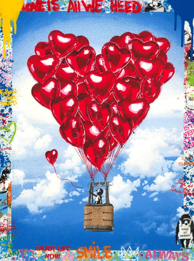 Mr. Brainwash – Love Above All Love Above All van Mr. Brainwash is een krachtig en poëtisch kunstwerk. Een luchtballon, gedragen door tientallen rode harten, stijgt omhoog in een heldere blauwe lucht. De boodschap is direct: liefde tilt ons boven alles uit. Het beeld is vrolijk en hoopvol, maar tegelijkertijd doordrenkt met street art-energie. Mr. Brainwash combineert iconische symbolen met rauwe verfspatten en kleurrijke graffiti. Zo ontstaat een werk dat emoties losmaakt en een universele waarheid benadrukt. Het spel tussen contrast en harmonie is duidelijk zichtbaar. Enerzijds straalt het hart van ballonnen kwetsbaarheid uit, anderzijds symboliseert het onstuitbare kracht. Dit maakt het werk uniek en meeslepend. Bovendien verwijst het naar thema’s als vrijheid, optimisme en verbondenheid. Mr. Brainwash gebruikt vaak liefde en hoop als leidmotieven, en hier worden ze op grootse wijze verenigd. Het kunstwerk toont ook zijn speelse omgang met kunstgeschiedenis en popcultuur. Door traditionele symbolen te combineren met graffiti-technieken weet hij iets geheel eigens te creëren. De tekstfragmenten en kleurrijke spatten rondom het beeld versterken de urban uitstraling. Daardoor wordt de kijker uitgenodigd om stil te staan bij de boodschap, maar ook om het werk intuïtief te beleven. Love Above All is meer dan een kunstwerk. Het is een herinnering dat liefde altijd de weg wijst, ook in turbulente tijden. Deze creatie van Mr. Brainwash straalt positiviteit en energie uit, en brengt kunst en emotie samen in één meeslepend beeld.