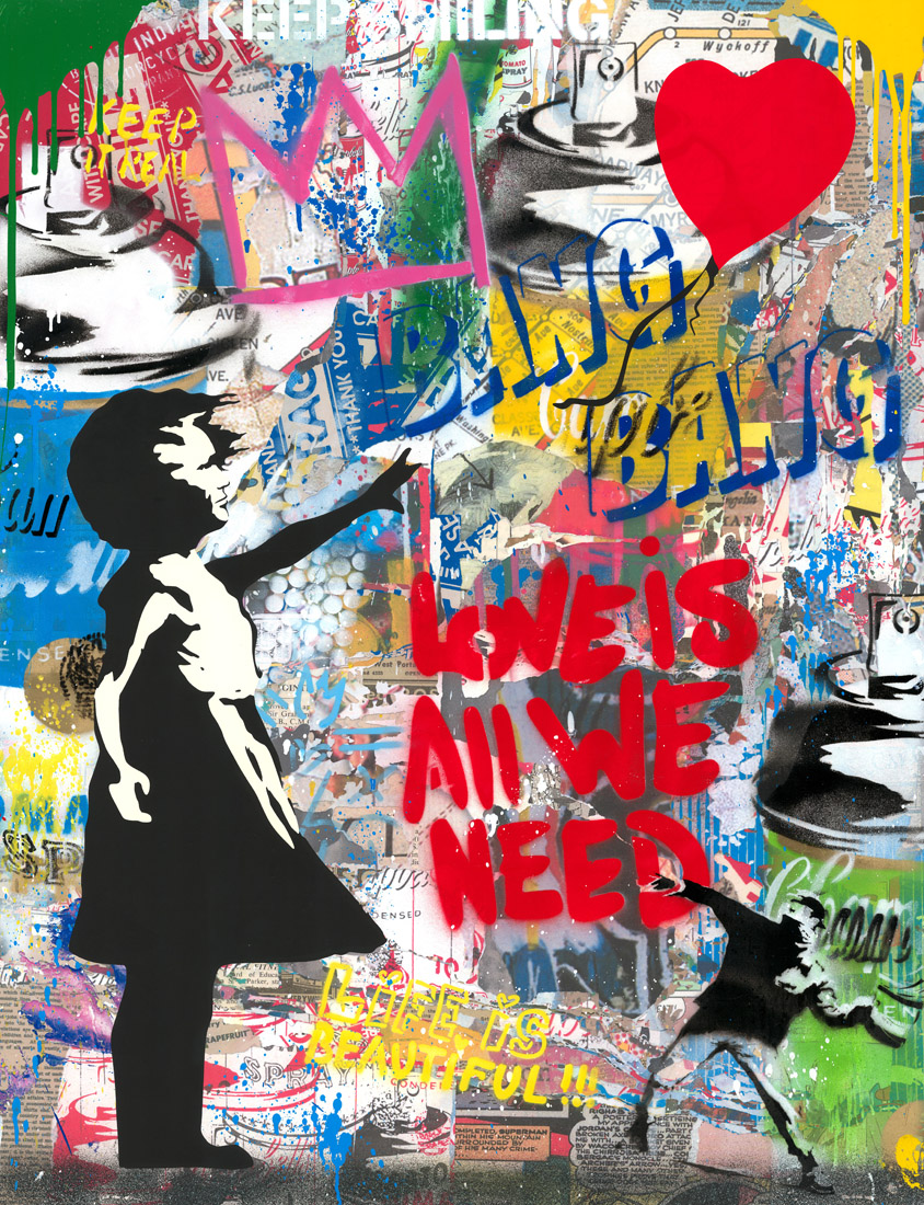 Mr. Brainwash – Balloon Girl Balloon Girl van Mr. Brainwash een krachtig en speels kunstwerk dat liefde en hoop uitstraalt. Het werk toont een meisje dat haar ballon naar de hemel laat stijgen. Rode letters met de tekst Love is All We Need versterken de boodschap van positiviteit en verbondenheid. Het contrast tussen de kinderlijke eenvoud en de felle graffiti maakt Balloon Girl tot een opvallend werk. De achtergrond is gevuld met kleurrijke lagen street art, woorden en symbolen. Dit spel van chaos en harmonie benadrukt dat kunst een spiegel van de samenleving kan zijn. Balloon Girl is meer dan een iconisch beeld. Het staat symbool voor hoop, liefde en de zoektocht naar licht in een soms turbulente wereld. De rode ballon verwijst naar vrijheid en optimisme. De combinatie van pop-art en graffiti maakt dit kunstwerk krachtig en gelaagd. Het werk nodigt uit om stil te staan bij universele waarden. Bovendien roept het kijkers op om liefde en dromen centraal te zetten. Mr. Brainwash – Balloon Girl laat zien hoe straatkunst emoties kan vertalen naar beelden die iedereen begrijpt. De tekst Love is All We Need geeft een directe en universele boodschap. Het kunstwerk straalt energie en hoop uit. De combinatie van spuitbussen, verfspatten en sterke typografie maakt de boodschap onmiskenbaar. Dit is street art die zowel opvalt als raakt.