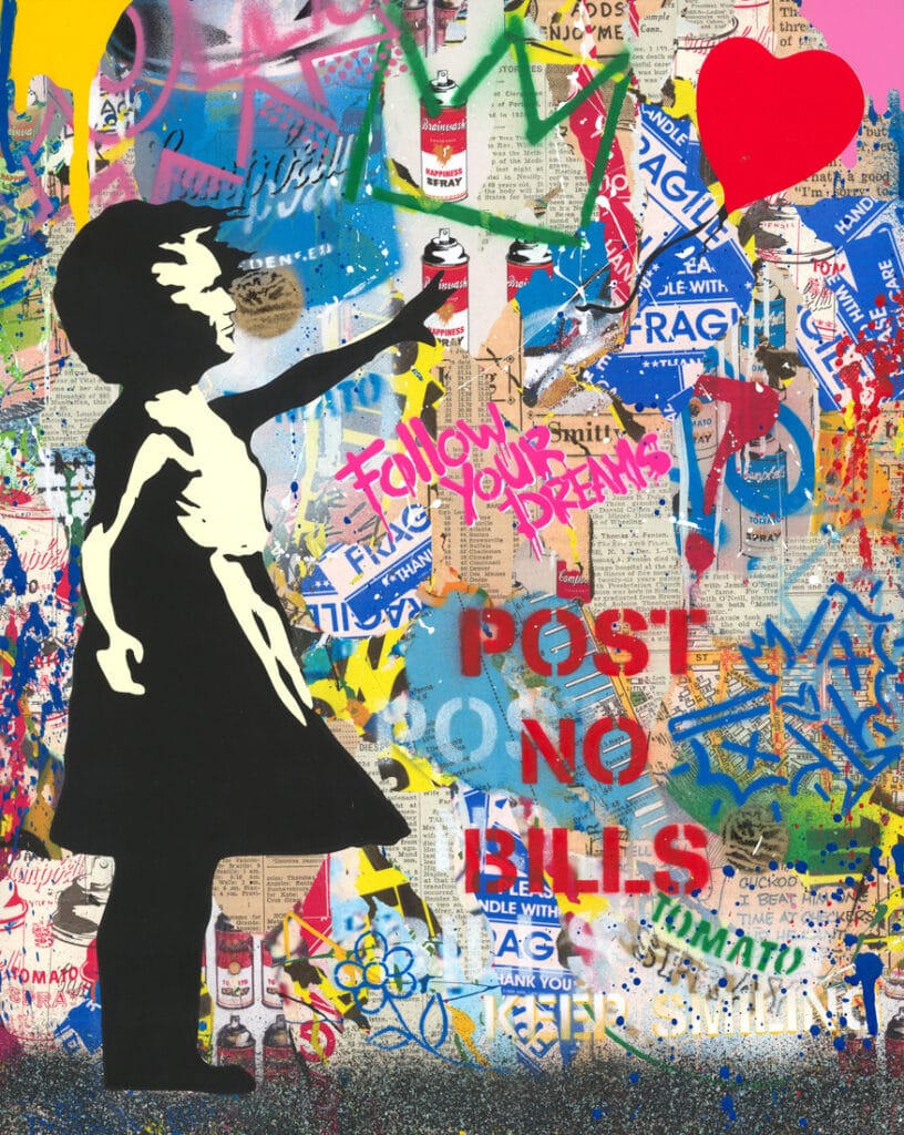 Mr. Brainwash – Balloon Girl Balloon Girl van Mr. Brainwash is een krachtig en speels kunstwerk dat liefde en hoop uitstraalt. Het werk toont een meisje dat haar ballon naar de hemel laat stijgen. Rode letters met de tekst Love is All We Need versterken de boodschap van positiviteit en verbondenheid. Het contrast tussen de kinderlijke eenvoud en de felle graffiti maakt Balloon Girl tot een opvallend werk. De achtergrond is gevuld met kleurrijke lagen street art, woorden en symbolen. Dit spel van chaos en harmonie benadrukt dat kunst een spiegel van de samenleving kan zijn. Balloon Girl is meer dan een iconisch beeld. Het staat symbool voor hoop, liefde en de zoektocht naar licht in een soms turbulente wereld. De rode ballon verwijst naar vrijheid en optimisme. De combinatie van pop-art en graffiti maakt dit kunstwerk krachtig en gelaagd. Het werk nodigt uit om stil te staan bij universele waarden. Bovendien roept het kijkers op om liefde en dromen centraal te zetten. Mr. Brainwash – Balloon Girl laat zien hoe straatkunst emoties kan vertalen naar beelden die iedereen begrijpt. De tekst Love is All We Need geeft een directe en universele boodschap. Het kunstwerk straalt energie en hoop uit. De combinatie van spuitbussen, verfspatten en sterke typografie maakt de boodschap onmiskenbaar. Dit is street art die zowel opvalt als raakt. Het kunstwerk raakt direct door zijn eenvoud en krachtige symboliek, waarbij de rode ballon symbool staat voor vrijheid en hoop. De mix van rauwe graffiti en speelse kinderlijke beelden maakt Balloon Girl tot een onvergetelijk icoon van liefde en optimisme.