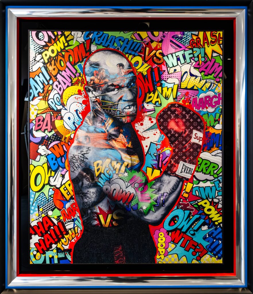 Yaniv Edery – Mike Tyson Pop Het werk Mike Tyson Pop van Yaniv Edery spat werkelijk van het doek. In dit kunstwerk staat bokskampioen Mike Tyson centraal, gevangen in een krachtige pop-art stijl. De intense blik en gespierde houding tonen onmiskenbaar zijn reputatie als vechter. Rondom hem barst een explosie van stripgeluiden en kleurrijke woorden los, zoals Pow!, Boom! en Crash! – signalen die de spanning en dynamiek extra benadrukken. De kunstenaar gebruikt felle tinten om energie en beweging vast te leggen. Daardoor ontstaat een visueel spektakel dat de kijker direct raakt. Tyson draagt bokshandschoenen met luxemerken, waarmee de grens tussen sport, mode en lifestyle vervaagt. Dit contrast maakt het werk modern en gedurfd. De achtergrond is een storm van kleur, patronen en stripinvloeden. Hierdoor wordt de kijker meegezogen in de wereld van kracht en adrenaline. Elk detail vertelt een eigen verhaal: de littekens van het gevecht, de intensiteit van de blik, de echo van roem en controverse. Het geheel straalt kracht uit, maar toont ook de complexiteit van Tyson als icoon. Met Mike Tyson Pop bewijst Yaniv Edery opnieuw zijn talent om iconen van een nieuwe lading te voorzien. Het is niet alleen een portret, maar ook een reflectie op roem, macht en overleving. Het reliëf en de details zorgen ervoor dat het werk telkens nieuwe perspectieven prijsgeeft. Wie goed kijkt, ontdekt lagen van betekenis die verder gaan dan het eerste aanzicht. Dit kunstwerk is een ode aan de popcultuur, maar tegelijk een krachtig statement. Het vangt de essentie van Tyson: een man die zowel gevreesd als bewonderd werd.