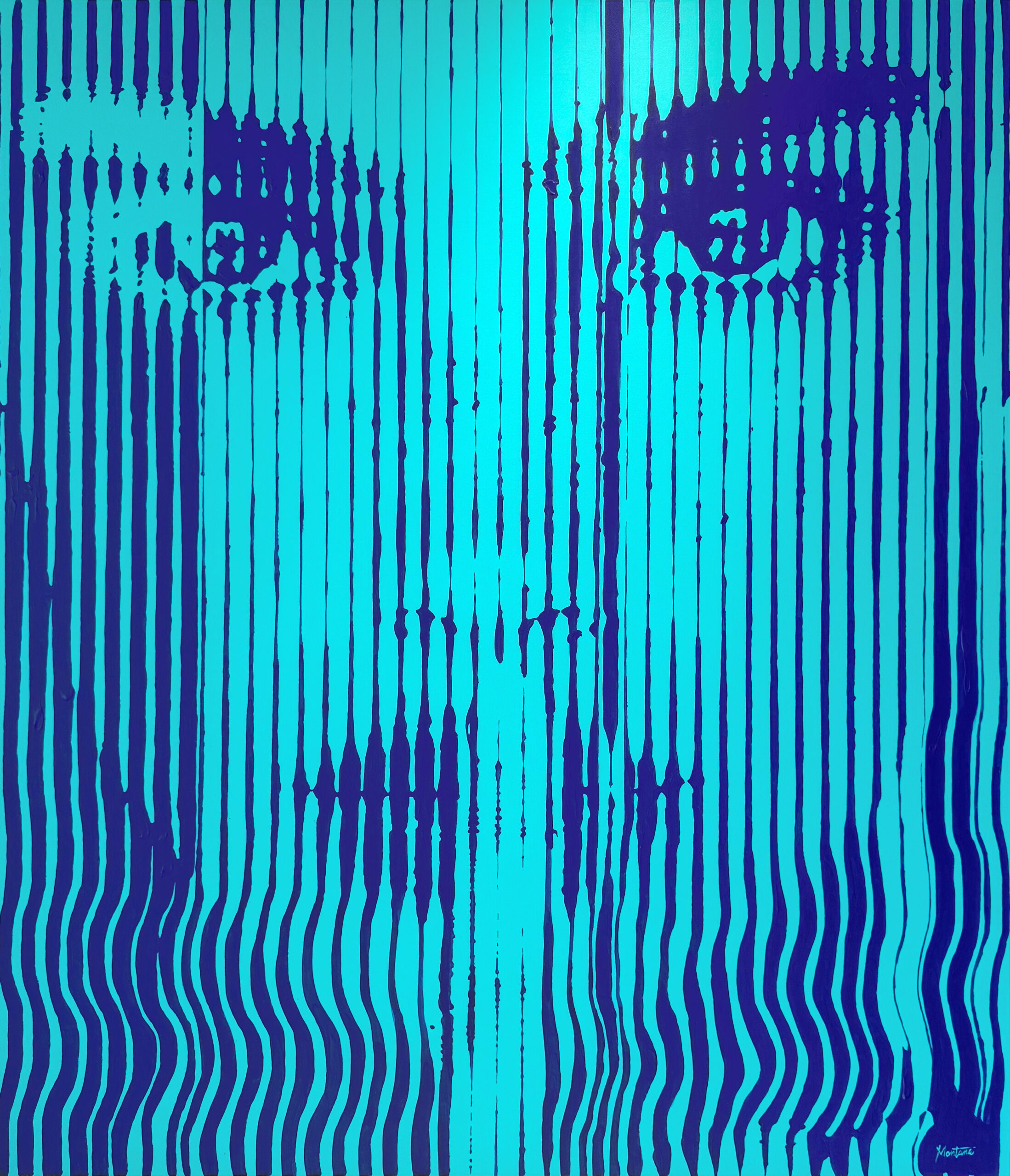 Montana Engels – Gliss Het kunstwerk Gliss van Montana Engels is een visueel statement van kracht en verfijning. Met haar kenmerkende “striped” techniek wekt de kunstenares een portret tot leven dat zowel abstract als intens realistisch oogt. Van dichtbij zie je losse lijnen, maar zodra je afstand neemt, verschijnt er een krachtig gezicht dat je direct raakt. Het spel van licht en schaduw benadrukt de expressie en maakt dit werk spannend en gelaagd. De kleurencombinatie van diep blauw en turquoise straalt een hypnotiserende energie uit. Het beeld trekt je blik vast en dwingt je tot langer kijken. Bovendien ontstaat er telkens een nieuwe beleving, afhankelijk van je perspectief. Precies daardoor spreekt Gliss zowel tot emotie als tot verbeelding. Dit kunstwerk is een perfecte balans tussen modern design en klassieke portretkunst.