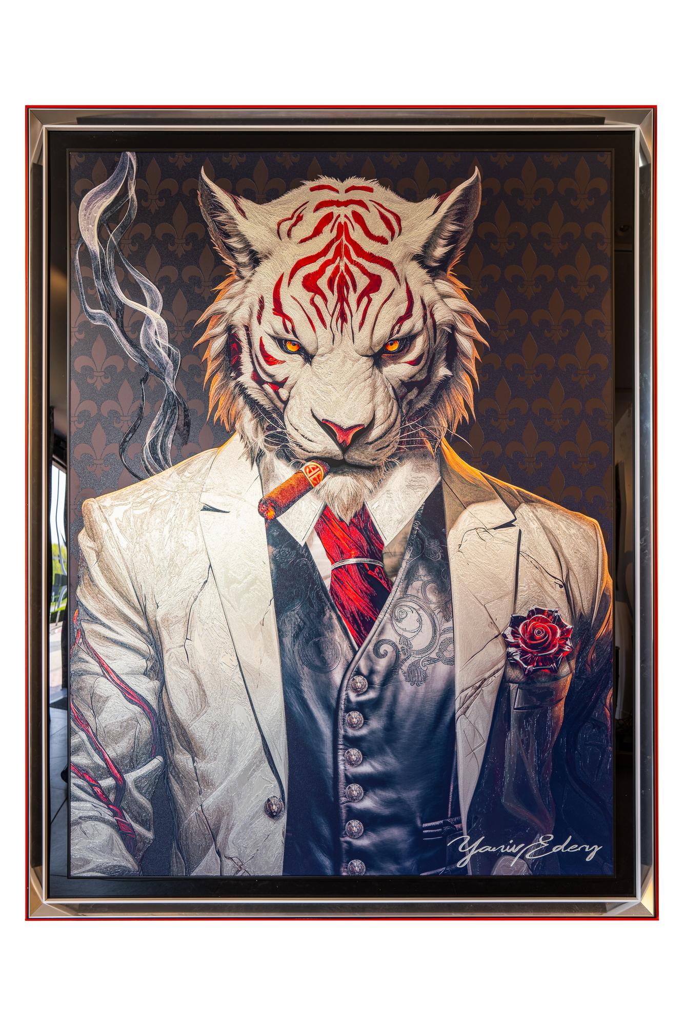 Yaniv Edery – White Tiger Cigar White Tiger Cigar van Yaniv Edery toont een trotse witte tijger, gekleed in een stijlvol wit kostuum. Met een rode das, een roos in het knoopsgat en een brandende sigaar straalt hij macht, lef en verfijning uit. De intense blik, gecombineerd met de strakke lijnen en krachtige kleuren, maakt het werk tot een echte blikvanger. Het contrast tussen het elegante pak en de wilde kracht van de tijger benadrukt het spel tussen luxe en natuur. De rook van de sigaar geeft een mysterieuze sfeer, terwijl de rode accenten symbool staan voor passie en energie. Elk detail, van de textuur van de stof tot de scherpe strepen op de vacht, is met precisie uitgewerkt. Edery creëert hier niet zomaar een portret, maar een symbool. Een symbool van dominantie, status en charisma. Het schilderij is zowel elegant als rebels, een mix die telkens opnieuw de aandacht trekt. De witte tijger, zeldzaam en majestueus, staat centraal als icoon van kracht en onafhankelijkheid. Ervaar de unieke energie die het oproept. Het kunstwerk verandert elke ruimte in een omgeving vol karakter en stijl. Het is niet alleen decoratief, maar ook een krachtig statement dat gesprekken uitlokt.