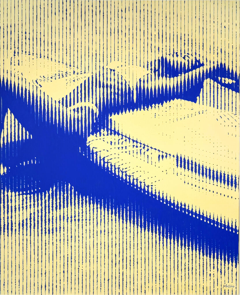 Montana Engels – Naish Het kunstwerk Naish van Montana Engels is een ode aan beweging, vrijheid en energie. Het werk toont een dynamisch tafereel dat opgebouwd is uit krachtige verticale lijnen. Deze lijnen spelen met perspectief en licht, waardoor de abstracte vormen samen een herkenbaar beeld vormen. Het blauw-gele kleurenpalet straalt kracht en positiviteit uit. Het diepe blauw staat symbool voor diepte, rust en concentratie, terwijl het geel een gevoel van energie en levenslust oproept. Samen creëren ze een harmonie die zowel spannend als evenwichtig is. Van dichtbij zie je losse strepen en patronen. Maar zodra je afstand neemt, ontstaat er een beeld dat steeds gedetailleerder wordt. Het werk krijgt daardoor een hypnotiserende werking en nodigt uit tot herhaaldelijk kijken. Naish gaat over kracht en balans, over het vinden van vrijheid in beweging. Het roept gevoelens op van avontuur en vernieuwing. Dit is een werk dat niet alleen esthetisch aanspreekt, maar ook inspireert en een verhaal vertelt.