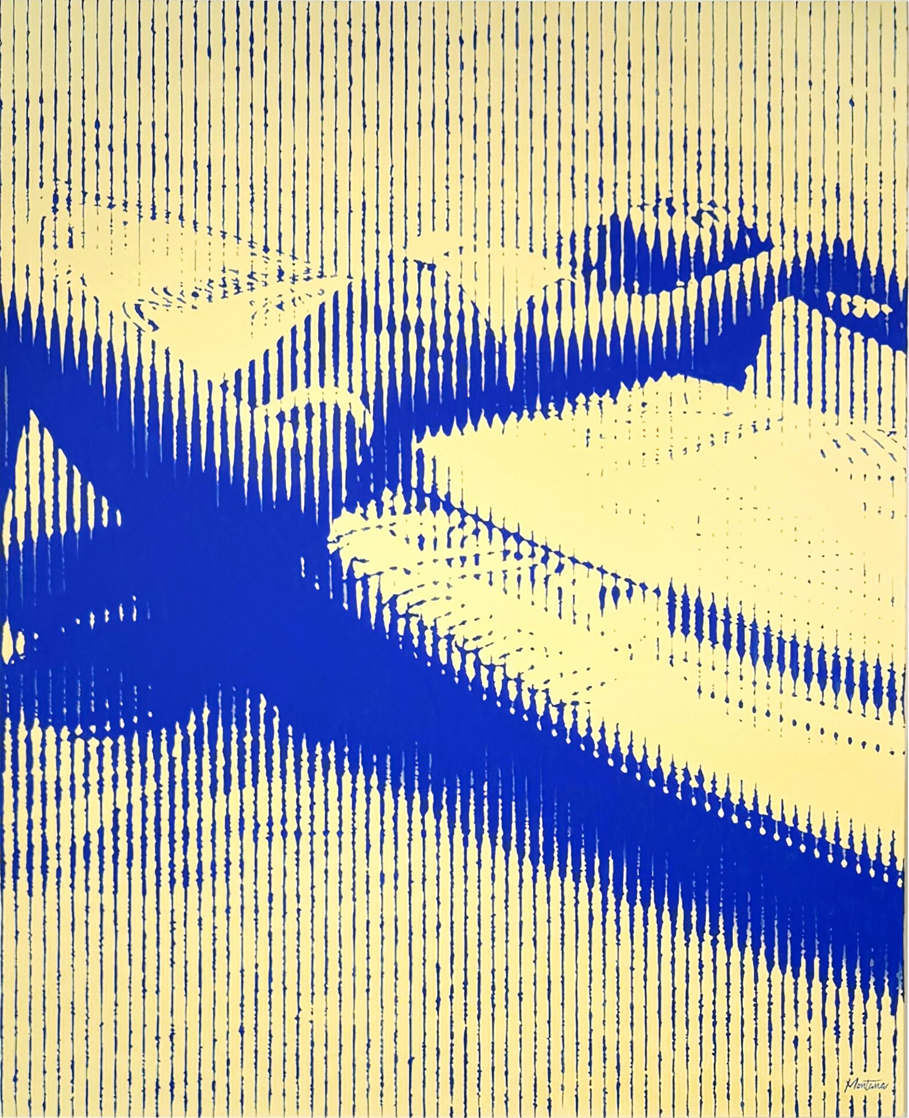 Montana Engels – Naish Het kunstwerk Naish van Montana Engels is een ode aan beweging, vrijheid en energie. Het werk toont een dynamisch tafereel dat opgebouwd is uit krachtige verticale lijnen. Deze lijnen spelen met perspectief en licht, waardoor de abstracte vormen samen een herkenbaar beeld vormen. Het blauw-gele kleurenpalet straalt kracht en positiviteit uit. Het diepe blauw staat symbool voor diepte, rust en concentratie, terwijl het geel een gevoel van energie en levenslust oproept. Samen creëren ze een harmonie die zowel spannend als evenwichtig is. Van dichtbij zie je losse strepen en patronen. Maar zodra je afstand neemt, ontstaat er een beeld dat steeds gedetailleerder wordt. Het werk krijgt daardoor een hypnotiserende werking en nodigt uit tot herhaaldelijk kijken. Naish gaat over kracht en balans, over het vinden van vrijheid in beweging. Het roept gevoelens op van avontuur en vernieuwing. Dit is een werk dat niet alleen esthetisch aanspreekt, maar ook inspireert en een verhaal vertelt.