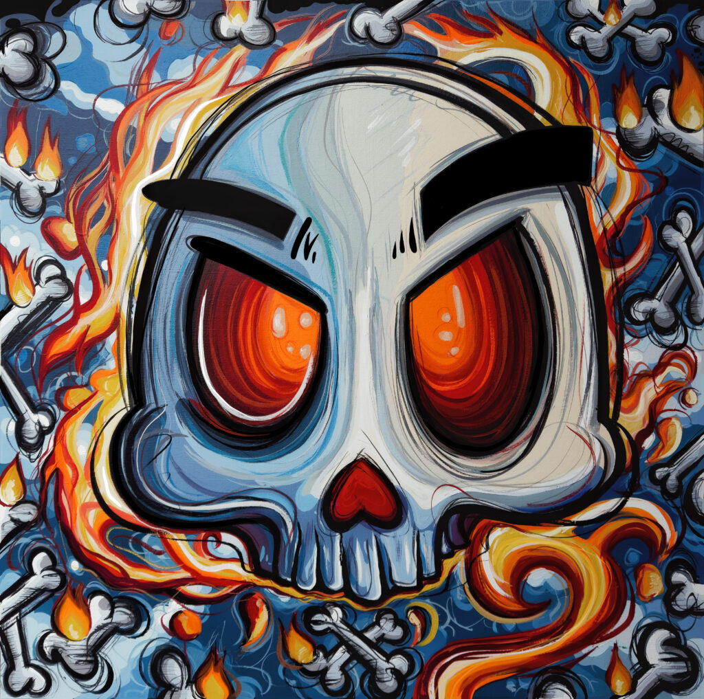 Skully II – Loes van Delft Met Skully II presenteert Loes van Delft een gedurfd en explosief kunstwerk dat kracht en energie uitstraalt. Het grote schedelkarakter, met felle oranje ogen en donkere wenkbrauwen, lijkt je recht aan te kijken. Daardoor voel je onmiddellijk spanning en intensiteit. De vlammen en botten rondom versterken het dramatische effect en maken dit stuk tot een visuele knaller. Eerst valt de brute expressie van de schedel op, maar vervolgens ontdek je de speelsheid in de details. De contrasterende kleuren – fel oranje, diepblauw en helder wit – creëren een levendig geheel. Bovendien zorgen de cartoonachtige lijnen ervoor dat het werk niet enkel dreigend, maar ook speels en herkenbaar blijft. Juist dit contrast maakt het zo intrigerend. Skully II is een perfecte samensmelting van popart, street art en contemporary art. Daardoor past het niet alleen in een moderne kunstcollectie, maar ook in een urban interieur waar lef en persoonlijkheid tellen. Bovendien is Loes van Delft internationaal geliefd, waardoor haar werken keer op keer gewaardeerde verzamelobjecten worden.