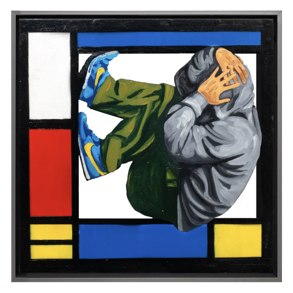 Growing Pains (small) – Hijack Met Growing Pains legt Hijack de kwetsbaarheid én kracht van de hedendaagse jeugd bloot. Het werk toont een jong figuur in hoodie, opgerold en met de handen beschermend voor het gezicht. Daardoor straalt het schilderij een gevoel van onzekerheid, bescherming en transitie uit. Tegelijkertijd verwijst de titel naar de pijn en schoonheid van opgroeien. Eerst valt de dynamische houding van de figuur op. Vervolgens ontdek je de achtergrond: een patroon in de stijl van Piet Mondriaan, met de herkenbare primaire kleuren rood, blauw en geel, omlijst door zwarte lijnen. Bovendien zorgt deze klassieke kunstreferentie voor een krachtig contrast met de moderne street art-figuur. Juist die samensmelting van oud en nieuw maakt dit werk uniek en meeslepend. Growing Pains benadrukt de strijd van een generatie die balanceert tussen kwetsbaarheid en veerkracht. Het werk nodigt de kijker uit tot reflectie: over identiteit, jeugd en de rol van kunst in onze maatschappij. Daardoor is het niet alleen een visueel statement, maar ook een sociaal commentaar.