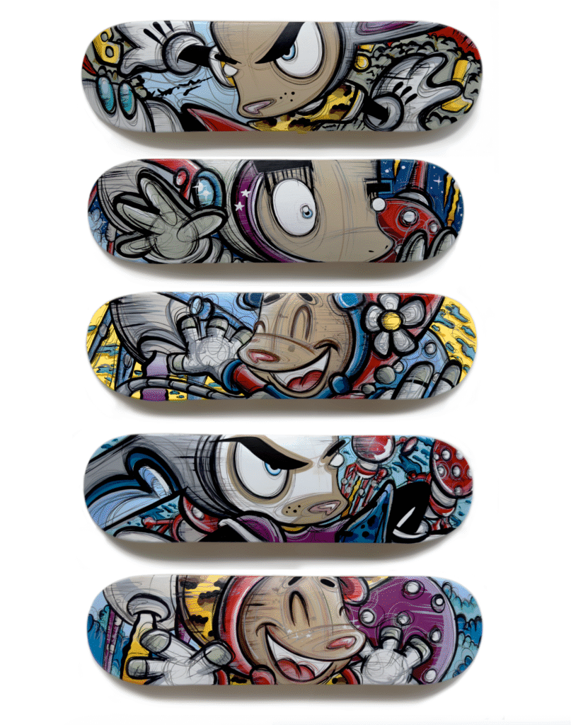 Hand Painted Skateboard Decks – Loes van Delft Met deze handbeschilderde skateboard decks tilt Loes van Delft street art en popart naar een hoger niveau. Elk deck is uniek, vol energie en karakter. Bovendien combineren de levendige kleuren en speelse figuren perfect met haar iconische stijl. De dynamische composities en krachtige lijnen maken van deze skateboards niet alleen functionele objecten, maar ook kunstwerken voor aan de muur. Daardoor trekken ze onmiddellijk de aandacht in elke ruimte. Elk deck vertelt een ander verhaal, maar samen vormen ze een explosie van creativiteit en expressie. Door traditionele kunst te verbinden met de cultuur van skateboarden, bewijst Loes van Delft opnieuw haar veelzijdigheid. Bovendien geven de handgeschilderde details elk stuk een persoonlijke en authentieke uitstraling. Hierdoor zijn deze werken niet alleen aantrekkelijk voor verzamelaars, maar ook voor liefhebbers van urban culture en design. Wie een handbeschilderd skateboard deck van Loes van Delft bezit, haalt meer in huis dan een kunstwerk. Het is een symbool van originaliteit, lef en internationale kunstwaarde. Daarom zijn deze decks ideaal als exclusieve eyecatcher én waardevolle toevoeging aan een hedendaagse kunstcollectie.