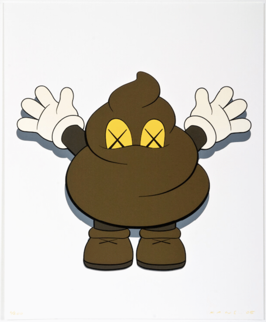 Warm Regards – KAWS Met Warm Regards presenteert KAWS een werk dat speelsheid en ironie combineert met zijn iconische beeldtaal. Het kunstwerk toont een cartoonachtig figuur in de vorm van een gestileerde poep-emoji, compleet met de herkenbare X-ogen en oversized handschoenen. Daardoor ontstaat een humoristisch en tegelijk prikkelend beeld dat direct de aandacht trekt. Eerst lijkt het werk licht en grappig, maar vervolgens ontdek je de gelaagdheid. KAWS speelt met symbolen uit de populaire cultuur en transformeert ze in kunst die vragen oproept. Bovendien benadrukt de titel Warm Regards de ironie: een ogenschijnlijk vriendelijke groet in een speelse, maar ook confronterende verschijningsvorm. Juist dit contrast maakt het werk intrigerend en veelzijdig. Warm Regards past perfect binnen het oeuvre van KAWS, waarin hij moeiteloos schakelt tussen street art, popart en hedendaagse kunst. Zijn stijl is wereldwijd herkenbaar en geliefd bij verzamelaars. Bovendien zijn werken als dit bijzonder gezocht, waardoor ze niet alleen esthetische waarde hebben, maar ook een duidelijke verzamelwaarde.
