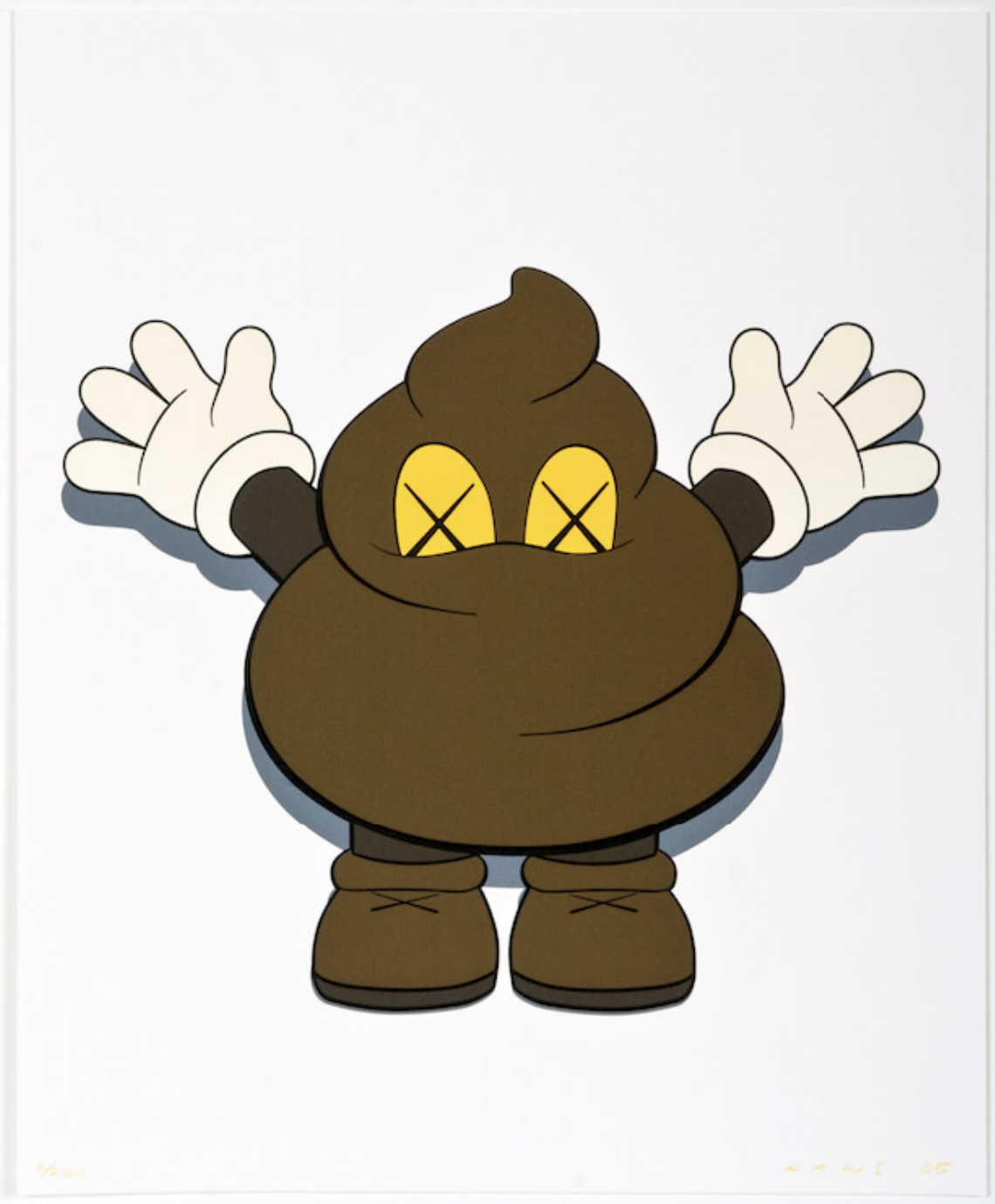 Warm Regards – KAWS Met Warm Regards presenteert KAWS een werk dat speelsheid en ironie combineert met zijn iconische beeldtaal. Het kunstwerk toont een cartoonachtig figuur in de vorm van een gestileerde poep-emoji, compleet met de herkenbare X-ogen en oversized handschoenen. Daardoor ontstaat een humoristisch en tegelijk prikkelend beeld dat direct de aandacht trekt. Eerst lijkt het werk licht en grappig, maar vervolgens ontdek je de gelaagdheid. KAWS speelt met symbolen uit de populaire cultuur en transformeert ze in kunst die vragen oproept. Bovendien benadrukt de titel Warm Regards de ironie: een ogenschijnlijk vriendelijke groet in een speelse, maar ook confronterende verschijningsvorm. Juist dit contrast maakt het werk intrigerend en veelzijdig. Warm Regards past perfect binnen het oeuvre van KAWS, waarin hij moeiteloos schakelt tussen street art, popart en hedendaagse kunst. Zijn stijl is wereldwijd herkenbaar en geliefd bij verzamelaars. Bovendien zijn werken als dit bijzonder gezocht, waardoor ze niet alleen esthetische waarde hebben, maar ook een duidelijke verzamelwaarde.