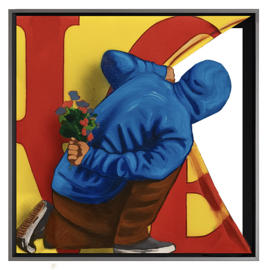 Where is the Love Small – Hijack Where is the Love Small van de kunstenaar Hijack is een krachtig werk dat meteen de aandacht grijpt. Het toont een figuur in een blauwe hoodie, neergeknield, terwijl hij bloemen verborgen houdt achter zijn rug. Deze houding roept spanning en nieuwsgierigheid op. De achtergrond is gevuld met felle kleuren en contrasterende vormen, waardoor de compositie dynamisch en energiek aanvoelt. De keuze voor een hoodie-figuur verwijst naar de straatcultuur en het anonieme karakter van de moderne samenleving. Tegelijkertijd zorgen de bloemen voor een onverwachte, tedere wending. Hierdoor ontstaat een dialoog tussen rauwheid en kwetsbaarheid. De vraag “Where is the Love” krijgt daardoor nog meer betekenis. Dit werk is niet alleen visueel krachtig, maar ook conceptueel sterk. Het confronteert de kijker met de spanning tussen geweld en liefde, tussen harde realiteit en menselijke emotie. Bovendien sluit het werk aan bij de kenmerkende stijl van Hijack: een mix van street-art en maatschappelijk commentaar, verpakt in iconische beelden. Where is the Love Small is daarmee een opvallend statement piece voor iedere kunstcollectie.