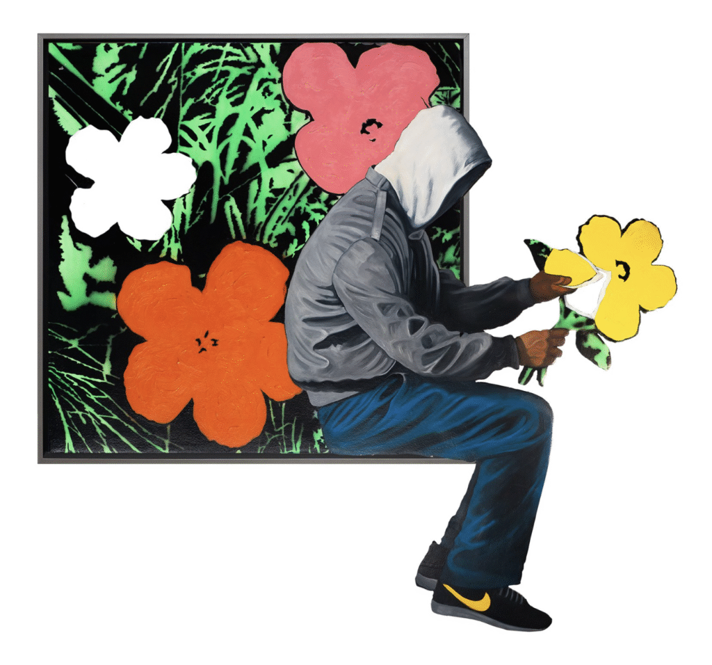 They Love Me, They Love Me Large – Hijack They Love Me, They Love Me Large is een krachtig kunstwerk van Hijack waarin street-art, symboliek en emotie samenkomen. Opvallend is de gehulde figuur in een hoodie, gezeten aan de rand van het doek, bezig met het lostrekken van bloemblaadjes van een grote gele bloem. Deze handeling verwijst direct naar het klassieke kinderspel “They love me, they love me not”, waarmee liefde, twijfel en hoop tastbaar worden gemaakt. De achtergrond toont kleurrijke bloemen in felle tinten oranje, roze en wit, geplaatst tegen een donker en contrasterend bladerpatroon. Hierdoor ontstaat een visuele spanning tussen de rauwe urban uitstraling van de hoodie-figuur en de vrolijke, pop-artachtige bloemen. Het resultaat is een werk dat zowel esthetisch aantrekkelijk als diep symbolisch is. Bovendien benadrukt dit contrast de kracht van liefde en kwetsbaarheid binnen een harde, stedelijke context. They Love Me, They Love Me Large is meer dan een schilderij; het is een reflectie op menselijke emoties en de zoektocht naar bevestiging en verbondenheid. Het werk nodigt uit tot introspectie en roept vragen op over relaties, verlangen en onzekerheid.