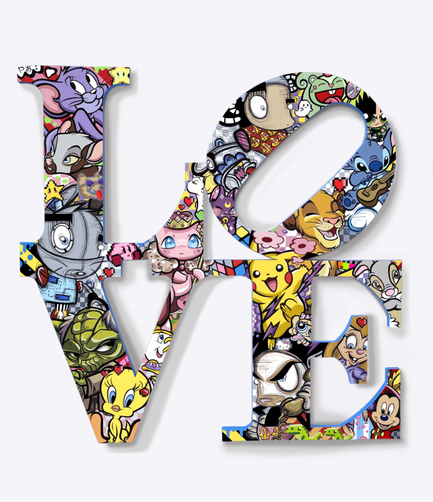 All You Need Is Love (Disney) – Loes van Delft Met All You Need Is Love (Disney) brengt Loes van Delft een ode aan liefde, nostalgie en popcultuur. Het iconische woord LOVE, uitgevoerd in grote letters, is gevuld met kleurrijke karakters uit de wereld van Disney en andere popiconen. Daardoor ontstaat een explosie van herkenning en vrolijkheid die jong én oud aanspreekt. Allereerst valt de levendige kleurenpracht op. Vervolgens ontdek je de details: van Mickey Mouse en Pikachu tot Tweety en Stitch. Bovendien geeft de aanwezigheid van Van Delft’s eigen herkenbare personages het werk een unieke signatuur. Juist die combinatie van klassiek en eigentijds maakt dit kunstwerk onweerstaanbaar. All You Need Is Love (Disney) benadrukt de kracht van liefde en verbondenheid. Het werk nodigt uit tot een glimlach en brengt een vleugje jeugdsentiment in een moderne kunstvorm. Daardoor is dit stuk niet alleen decoratief, maar ook emotioneel waardevol. Bovendien is het perfect voor zowel particuliere interieurs als exclusieve collecties.