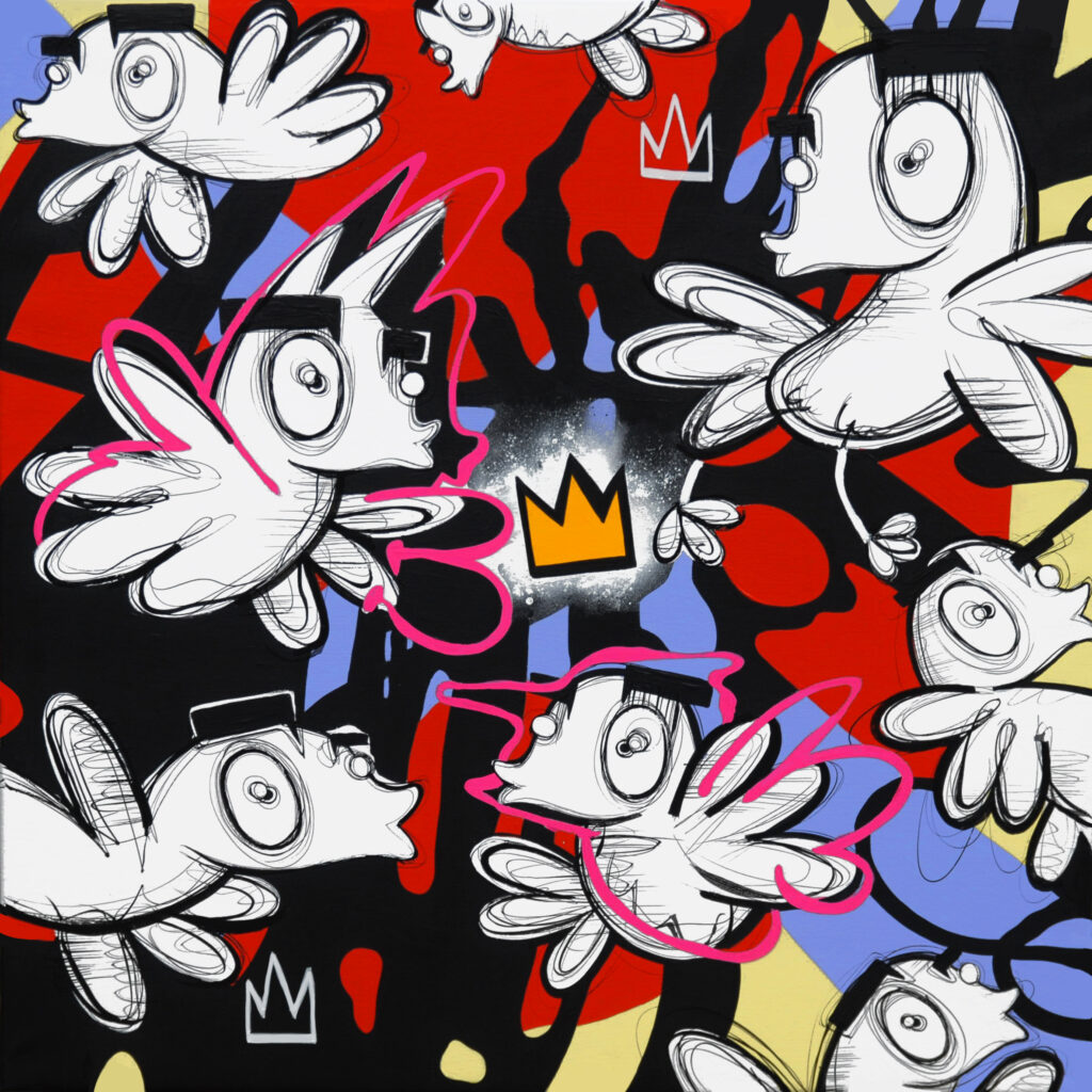 Your Love is King – Loes van Delft Met Your Love is King brengt Loes van Delft een ode aan liefde, kracht en speelsheid. Het doek bruist van energie: witte, cartooneske figuren met vleugels zweven vrijuit over een achtergrond vol rood, zwart, geel en blauw. Tussen hen verschijnt de iconische kroon, een symbool van macht én emotie. Daardoor voelt het werk zowel rebels als teder. Eerst vallen de speelse personages op, herkenbaar in de typische stijl van Van Delft. Vervolgens ontdek je de dynamische compositie, waarin sterke contrasten zorgen voor spanning en beweging. Bovendien geven de roze lijnen en de expressieve vormen het werk een frisse, eigentijdse uitstraling. Juist hierdoor ontstaat een balans tussen chaos en harmonie. Dit kunstwerk gaat verder dan alleen esthetiek. Het benadrukt dat liefde een leidende kracht is, die boven alles uitstijgt. Daardoor spreekt het zowel jonge kunstliefhebbers aan als ervaren verzamelaars. Bovendien maakt de combinatie van street art, popart en contemporary art dit stuk direct herkenbaar en gewild.