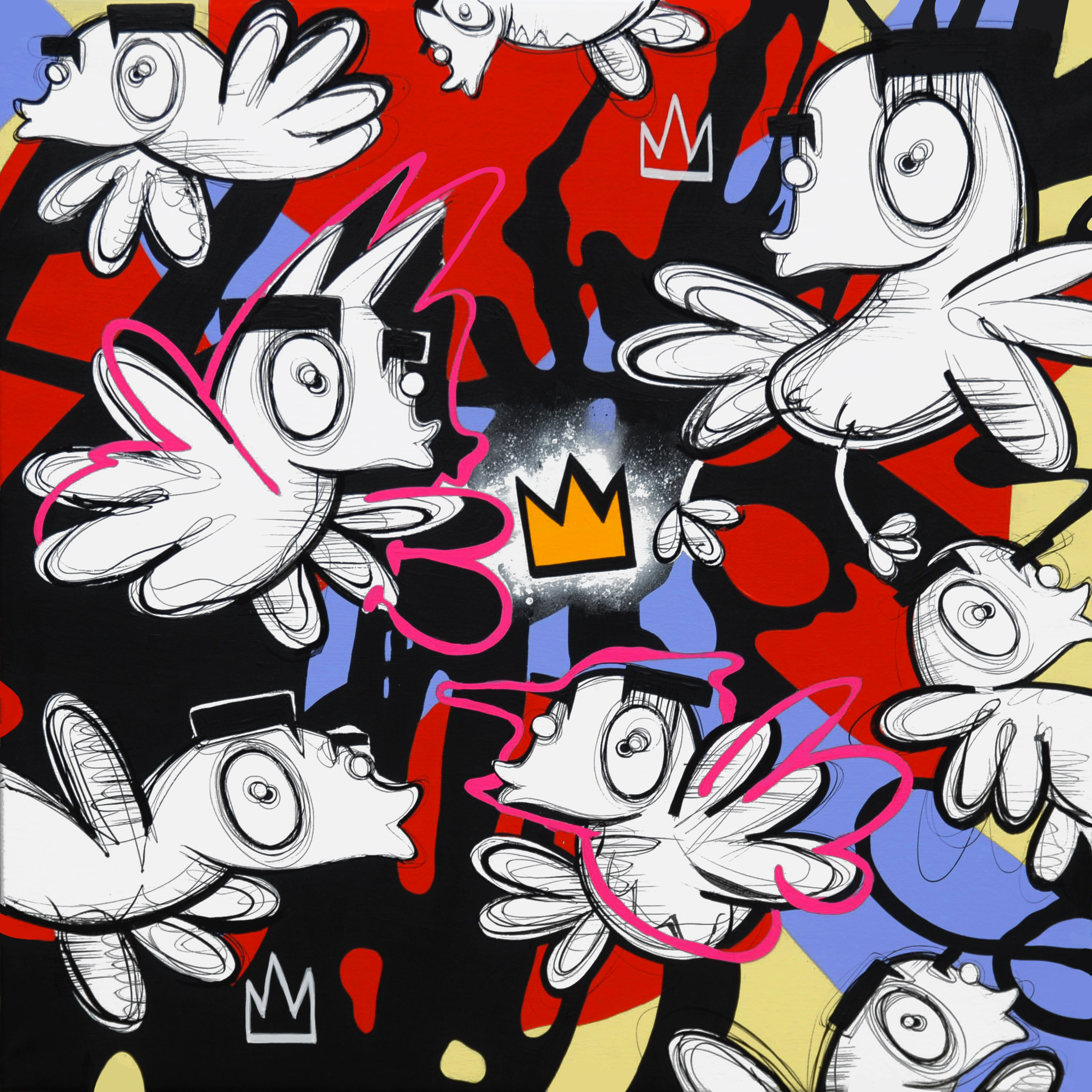 Your Love is King – Loes van Delft Met Your Love is King brengt Loes van Delft een ode aan liefde, kracht en speelsheid. Het doek bruist van energie: witte, cartooneske figuren met vleugels zweven vrijuit over een achtergrond vol rood, zwart, geel en blauw. Tussen hen verschijnt de iconische kroon, een symbool van macht én emotie. Daardoor voelt het werk zowel rebels als teder. Eerst vallen de speelse personages op, herkenbaar in de typische stijl van Van Delft. Vervolgens ontdek je de dynamische compositie, waarin sterke contrasten zorgen voor spanning en beweging. Bovendien geven de roze lijnen en de expressieve vormen het werk een frisse, eigentijdse uitstraling. Juist hierdoor ontstaat een balans tussen chaos en harmonie. Dit kunstwerk gaat verder dan alleen esthetiek. Het benadrukt dat liefde een leidende kracht is, die boven alles uitstijgt. Daardoor spreekt het zowel jonge kunstliefhebbers aan als ervaren verzamelaars. Bovendien maakt de combinatie van street art, popart en contemporary art dit stuk direct herkenbaar en gewild.