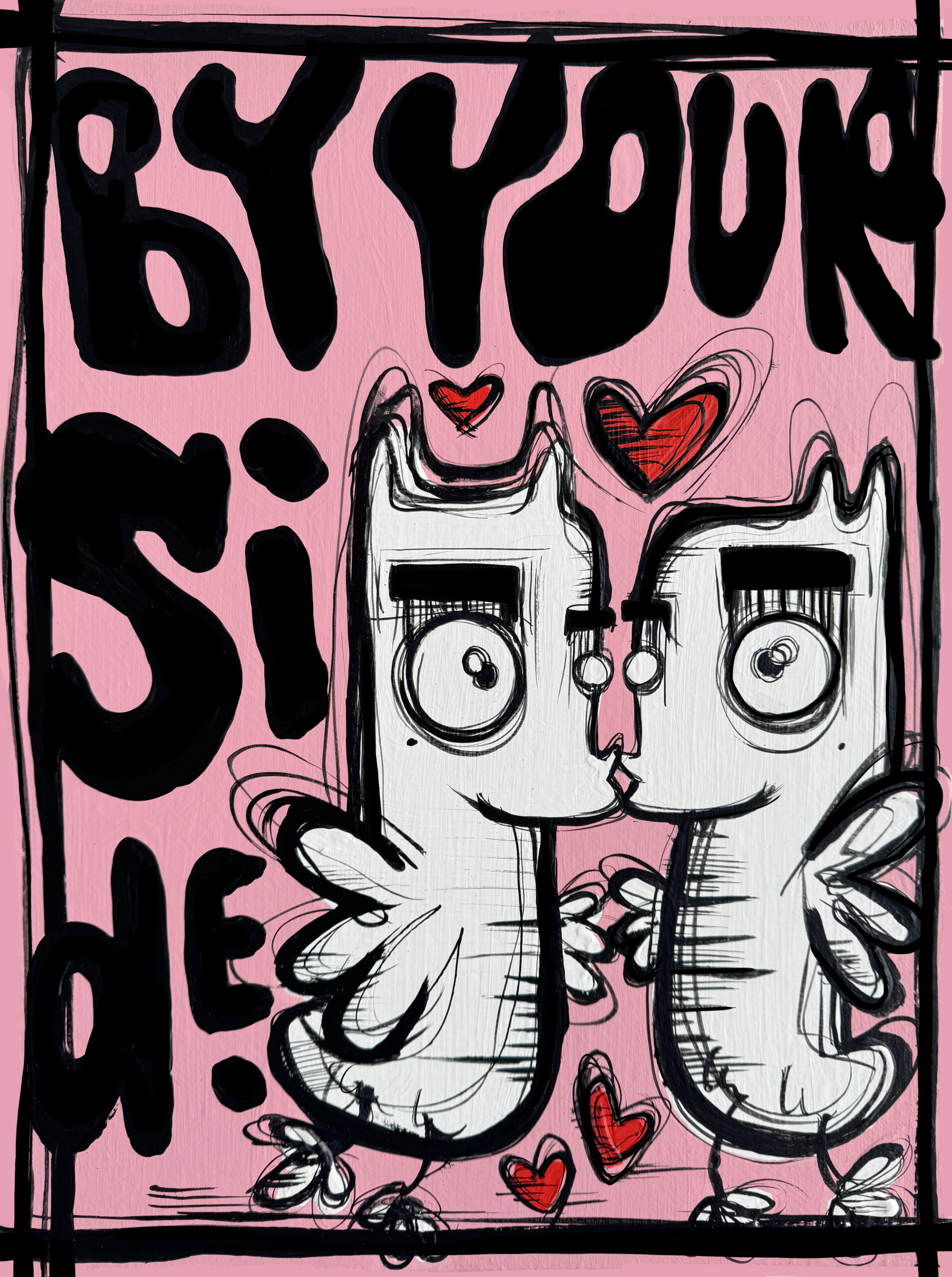 By Your Side van Loes Van Delft ademt liefde, verbondenheid en speelsheid. Twee figuren, getekend in haar herkenbare stijl, staan centraal. Ze raken elkaar zachtjes aan met een kus, terwijl rode hartjes de scène omringen. Daardoor voel je onmiddellijk warmte en tederheid. De felle roze achtergrond contrasteert sterk met de zwart-witte figuren, waardoor de emotie nog sterker naar voren komt. Bovendien geven de dikke zwarte lijnen en schetsmatige contouren het werk een rauwe energie. Tegelijkertijd zorgen de hartjes en de vleugels voor lichtheid en optimisme. Daardoor ontstaat een balans tussen kracht en kwetsbaarheid. Dit werk is meer dan een beeld: het is een boodschap. Het benadrukt dat liefde en steun de essentie vormen van menselijke relaties. Bovendien maakt de cartooneske vormgeving het toegankelijk voor jong en oud. Hierdoor is By Your Side niet alleen een esthetische blikvanger, maar ook een werk dat telkens opnieuw gevoelens oproept.