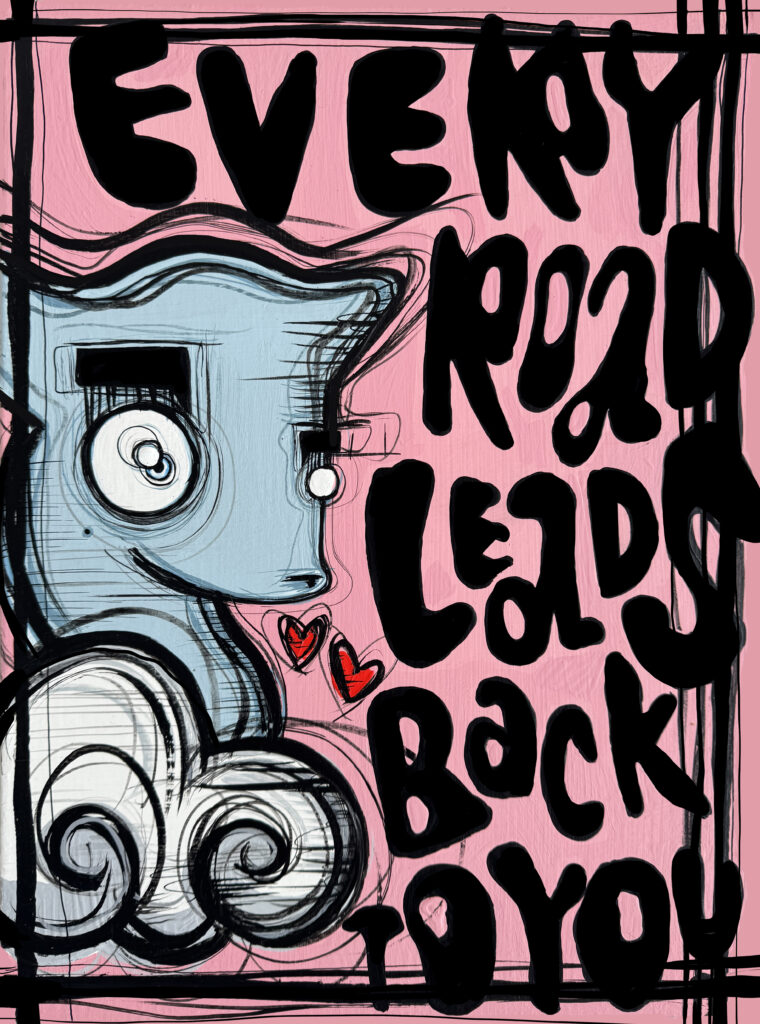 Speels, rebels en toch gevoelig: Every Road Leads Back to You straalt precies uit waar de kunst van Loes van Delft om draait. Het werk toont een cartoonesk figuur in zachte blauwtinten tegen een felroze achtergrond, omringd door krachtige zwarte lijnen en opvallende typografie. De handgeschreven tekst “Every road leads back to you” versterkt het thema van verbondenheid, liefde en bestemming. De combinatie van strakke contouren en spontane schetslijnen geeft het werk een energieke uitstraling. De twee rode hartjes onderstrepen de emotionele lading en voegen een speels accent toe. Dit contrast tussen stoere vormen en tedere details maakt het schilderij niet alleen visueel prikkelend, maar ook bijzonder herkenbaar. Met haar typische mix van street art, pop art en hedendaagse beeldtaal creëert Van Delft een werk dat toegankelijk én gelaagd is. Dit kunstwerk is ideaal voor iedereen die houdt van frisse kleuren, directe emoties en een vleugje humor in kunst. Het nodigt uit tot een glimlach, maar ook tot reflectie over relaties en de kracht van terugkeren naar de essentie.