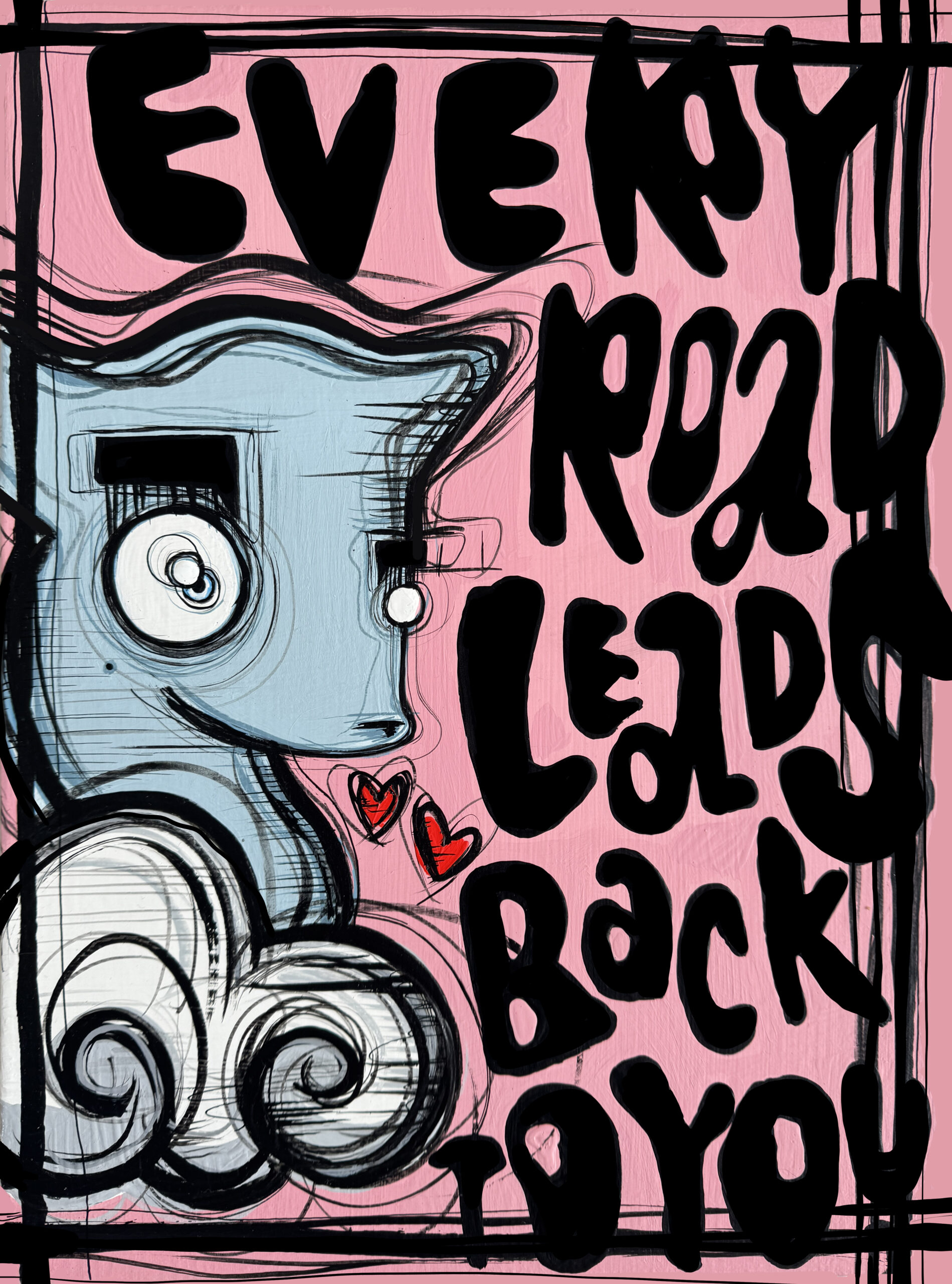 Speels, rebels en toch gevoelig: Every Road Leads Back to You straalt precies uit waar de kunst van Loes van Delft om draait. Het werk toont een cartoonesk figuur in zachte blauwtinten tegen een felroze achtergrond, omringd door krachtige zwarte lijnen en opvallende typografie. De handgeschreven tekst “Every road leads back to you” versterkt het thema van verbondenheid, liefde en bestemming. De combinatie van strakke contouren en spontane schetslijnen geeft het werk een energieke uitstraling. De twee rode hartjes onderstrepen de emotionele lading en voegen een speels accent toe. Dit contrast tussen stoere vormen en tedere details maakt het schilderij niet alleen visueel prikkelend, maar ook bijzonder herkenbaar. Met haar typische mix van street art, pop art en hedendaagse beeldtaal creëert Van Delft een werk dat toegankelijk én gelaagd is. Dit kunstwerk is ideaal voor iedereen die houdt van frisse kleuren, directe emoties en een vleugje humor in kunst. Het nodigt uit tot een glimlach, maar ook tot reflectie over relaties en de kracht van terugkeren naar de essentie.