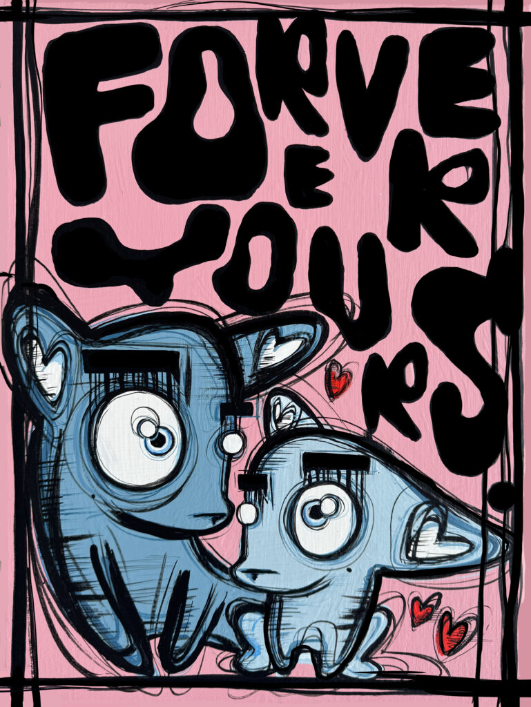 Forever Yours is een liefdevol en krachtig kunstwerk van Loes van Delft dat direct het hart raakt. Het toont twee van haar iconische figuren, zittend dicht bij elkaar, met grote, expressieve ogen vol emotie. De zachte blauwtinten van de figuren contrasteren prachtig met de levendige roze achtergrond, wat het werk een warme, opvallende uitstraling geeft. Tekst en Symboliek De handgeschilderde tekst “Forever Yours” in grote, zwarte letters benadrukt de boodschap van eeuwige verbondenheid en onvoorwaardelijke liefde. Rode hartaccenten voegen een extra laag van passie en tederheid toe, waardoor de emotie nog sterker overkomt. Stijl en Techniek Van Delft combineert in Forever Yours haar kenmerkende mix van pop-art en street-art met subtiele klassieke schildertechnieken. De dikke contouren, energieke lijnen en felle kleurcontrasten maken het werk modern en levendig, terwijl de intieme scène juist rust en warmte uitstraalt. Forever Yours is meer dan een visueel kunstwerk; het is een belofte in kleur en lijn. Ideaal voor kunstliefhebbers die betekenis, karakter en emotie in één krachtig statement piece zoeken. Een eyecatcher die zowel esthetisch als emotioneel indruk maakt.