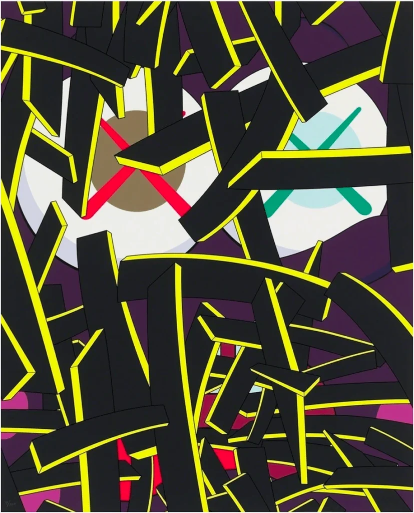 Paper Smile – KAWS Met Paper Smile toont KAWS opnieuw zijn vermogen om een ogenschijnlijk speels beeld te transformeren tot een krachtig kunstwerk. Het werk bestaat uit fragmentarische zwarte balken met gele contouren, die over de compositie heen zijn gelegd. Daarachter duiken de iconische ogen op – groot, rond en voorzien van de bekende X-vorm. Daardoor ontstaat een gevoel van spanning en mysterie, alsof er iets verscholen zit dat toch zichtbaar wil zijn. Eerst lijkt Paper Smile abstract en grafisch. Vervolgens herken je de kenmerkende stijl van KAWS, waarin elementen van street art en popart subtiel samenkomen. Bovendien zorgen de felle contrasten tussen zwart, geel en paars voor een visueel krachtige uitstraling. Juist die combinatie van eenvoud en intensiteit maakt dit werk zo intrigerend. Paper Smile is meer dan een spel van lijnen en vormen. Het verwijst naar thema’s als identiteit, maskering en de rol van beeldcultuur in onze tijd. Daardoor spreekt het werk niet alleen kunstliefhebbers aan, maar ook verzamelaars die de diepere gelaagdheid van KAWS waarderen.
