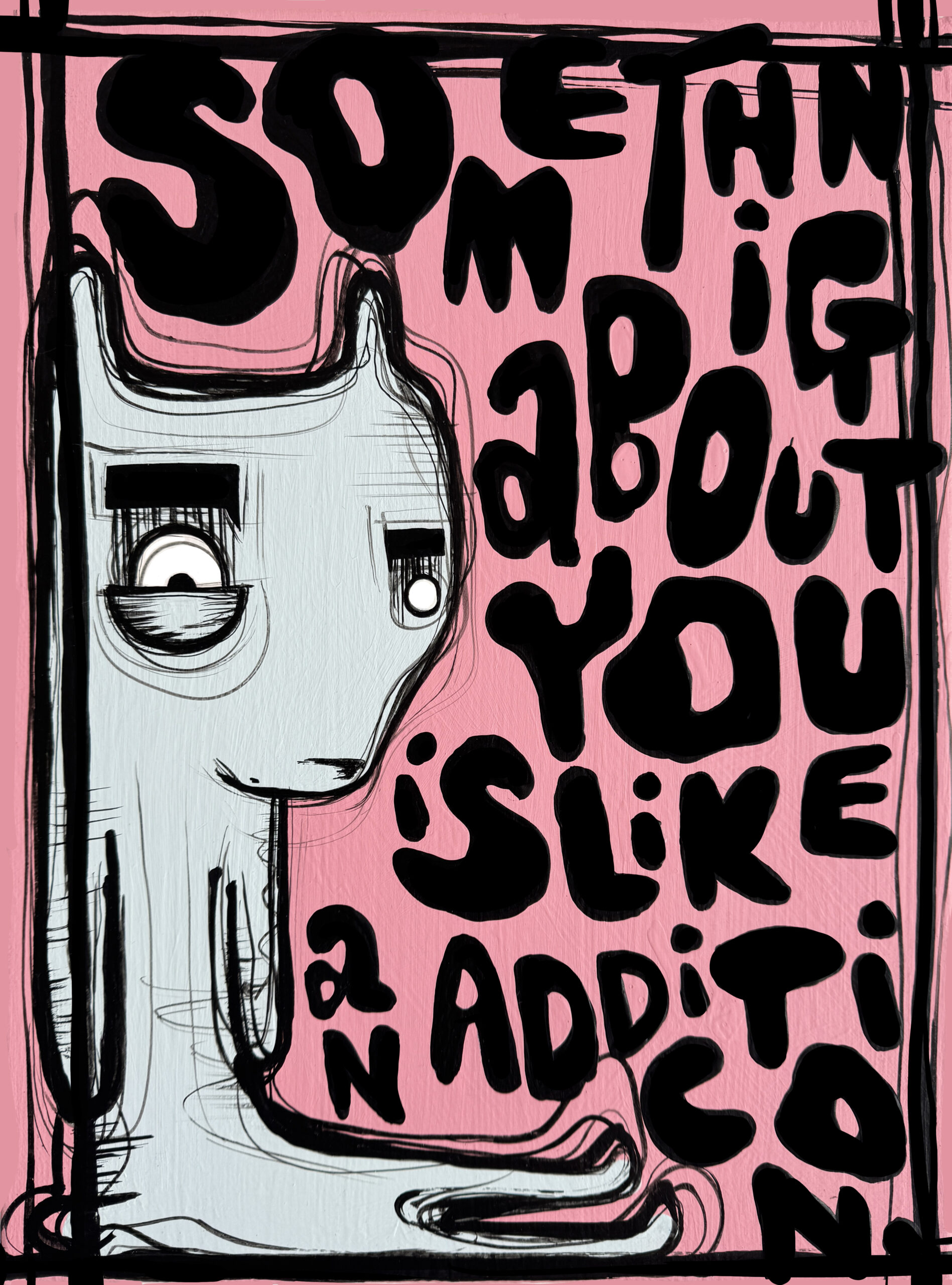Something About You van Loes van Delft is een krachtig en intrigerend kunstwerk dat direct de aandacht grijpt. Het werk toont één van haar iconische, cartoonachtige figuren – lang, slank en met een zachte, bijna melancholische blik – tegen een levendige roze achtergrond. De tekst “Something about you is like an addiction” vult het beeld in speelse, dikke zwarte letters. Deze woorden vormen niet alleen een visuele compositie, maar versterken ook de emotionele lading van het werk. Het is een liefdesverklaring en een bekentenis in één, gevangen in de kenmerkende mix van pop-art en street-art waar Van Delft om bekendstaat. De strakke lijnen, krachtige contouren en contrasterende kleuren zorgen voor een dynamische uitstraling, terwijl de subtiele details en expressie van het figuur juist zachtheid toevoegen. Hierdoor ontstaat een boeiende balans tussen kracht en kwetsbaarheid. Loes van Delft weet met Something About You een universeel gevoel te vangen: de onweerstaanbare aantrekkingskracht van iemand die je niet uit je hoofd kunt zetten. Het is speels en modern, maar tegelijk gelaagd en persoonlijk. Dit kunstwerk is ideaal voor liefhebbers van hedendaagse kunst die houden van kleur, karakter en een duidelijke boodschap. Something About You is niet alleen een visueel statement, maar ook een emotionele trigger die je blijft raken