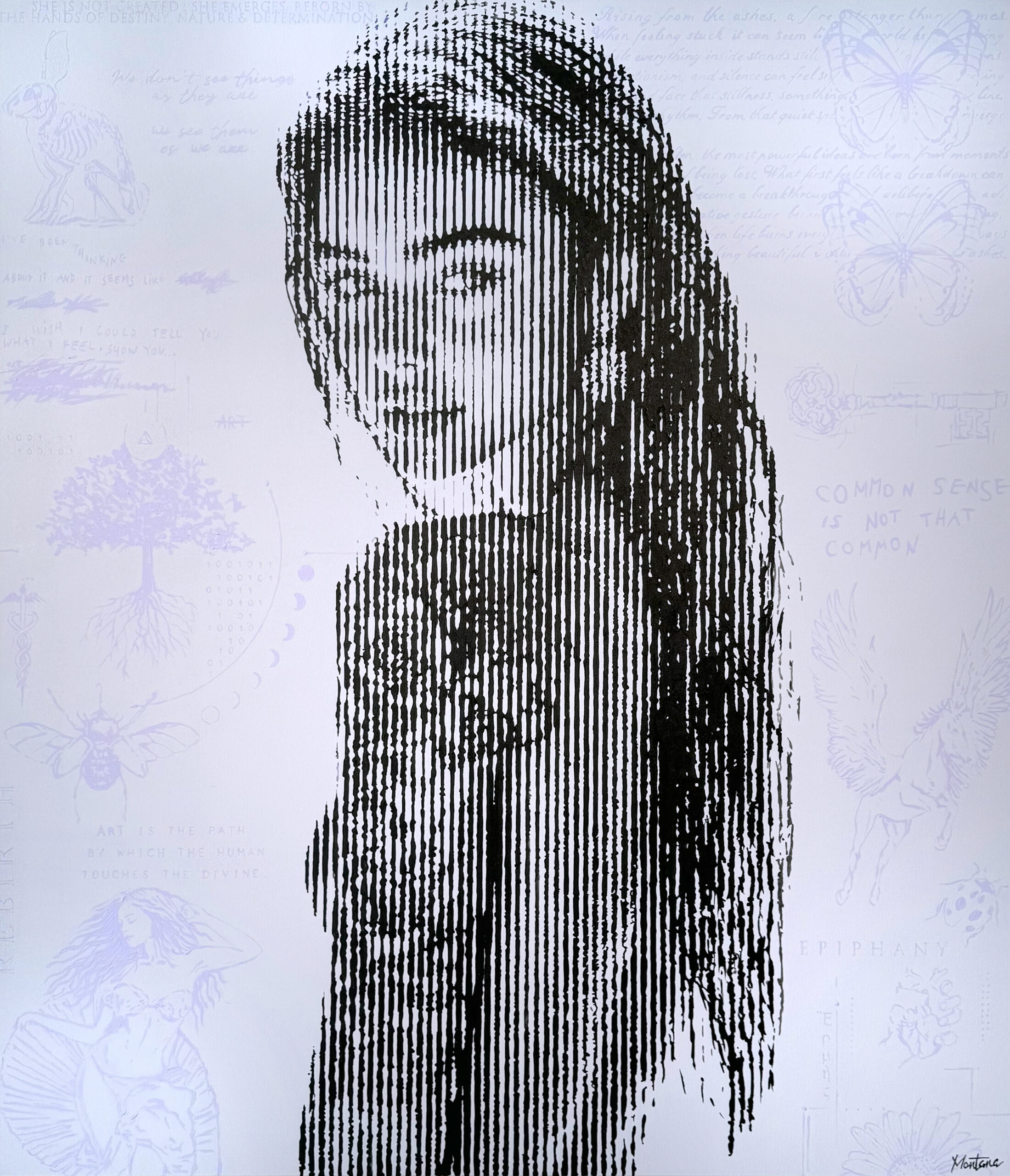 Phoenix Epiphany - Montana Discover Phoenix Epiphany, a powerful and symbolic work of art by Belgian artist Montana. This work embodies renewal, freedom and inner strength, themes central to her artistic vision. From the first sight, you feel the intensity of the image: a woman emerging from light and line, confident and serene at the same time. The portrait shows a young woman with a refined look over her shoulder. Her posture exudes calm, while the tattoo on her arm tells a story of transformation. Through the use of vertical lines, Montana creates an intriguing rhythm that suggests movement. The soft, almost ethereal background enhances the contrast between strength and vulnerability. This gives Phoenix Epiphany a unique tension: subdued but full of life. Montana uses her signature technique to weave together emotion and symbolism. Every line, every shadow is deliberately placed to convey meaning. The title "Phoenix Epiphany" refers to rebirth - the moment when a person reawakens into awareness and beauty. Experience how this work brings together energy and stillness. The model's gaze invites introspection, while the visual depth continues to fascinate. Phoenix Epiphany is an ode to resilience, feminine strength and rediscovery. With her signature sense of balance between sophistication and emotion, Montana manages to make the invisible visible. Her work touches, inspires and connects - each time in a subtle, timeless way.