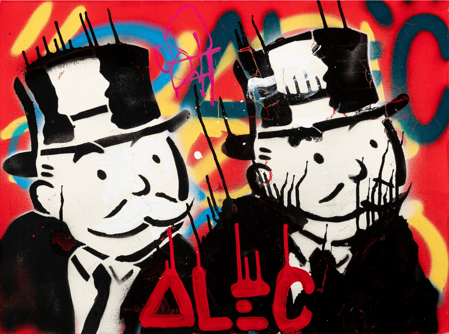 Alec Monopoly – Untitled Untitled van Alec Monopoly is een explosie van kleur, energie en rebellie. De twee iconische Monopoly-mannen staren ons zelfverzekerd aan — hun gezichten getekend met humor, macht en een vleugje ironie. De kunstenaar legt met elke spuitbusstreek de essentie van onze tijd vast: de eindeloze drang naar geld, status en succes. Toch voel je onder de felgekleurde lagen ook kritiek en reflectie. Alec Monopoly confronteert én verleidt tegelijkertijd. Dit werk bruist van leven. De levendige rode achtergrond spat van het doek en trekt direct de aandacht. De druppelende verf, typerend voor zijn stijl, symboliseert de vergankelijkheid van rijkdom en macht. Door het gebruik van contrasterende tinten – wit, zwart, geel en blauw – creëert hij een dynamisch spanningsveld dat het oog blijft boeien. Elke penseel- en spuitbeweging ademt urgentie, rebellie en creatieve vrijheid. Wat dit werk zo krachtig maakt, is de balans tussen chaos en controle. De speelse graffiti-uitdrukking botst met het nette, bijna karikaturale beeld van de kapitalistische elite. Alec speelt met die tegenstelling — hij verheerlijkt de glamour, maar prikt tegelijk door de façade heen. Hierdoor ontstaat een werk dat zowel visueel als inhoudelijk blijft intrigeren. Untitled is meer dan een schilderij; het is een spiegel van de moderne maatschappij. Het roept vragen op over macht, geld en authenticiteit. En dat is precies waar Alec Monopoly in uitblinkt — het vinden van betekenis in de oppervlakkigheid van popcultuur.