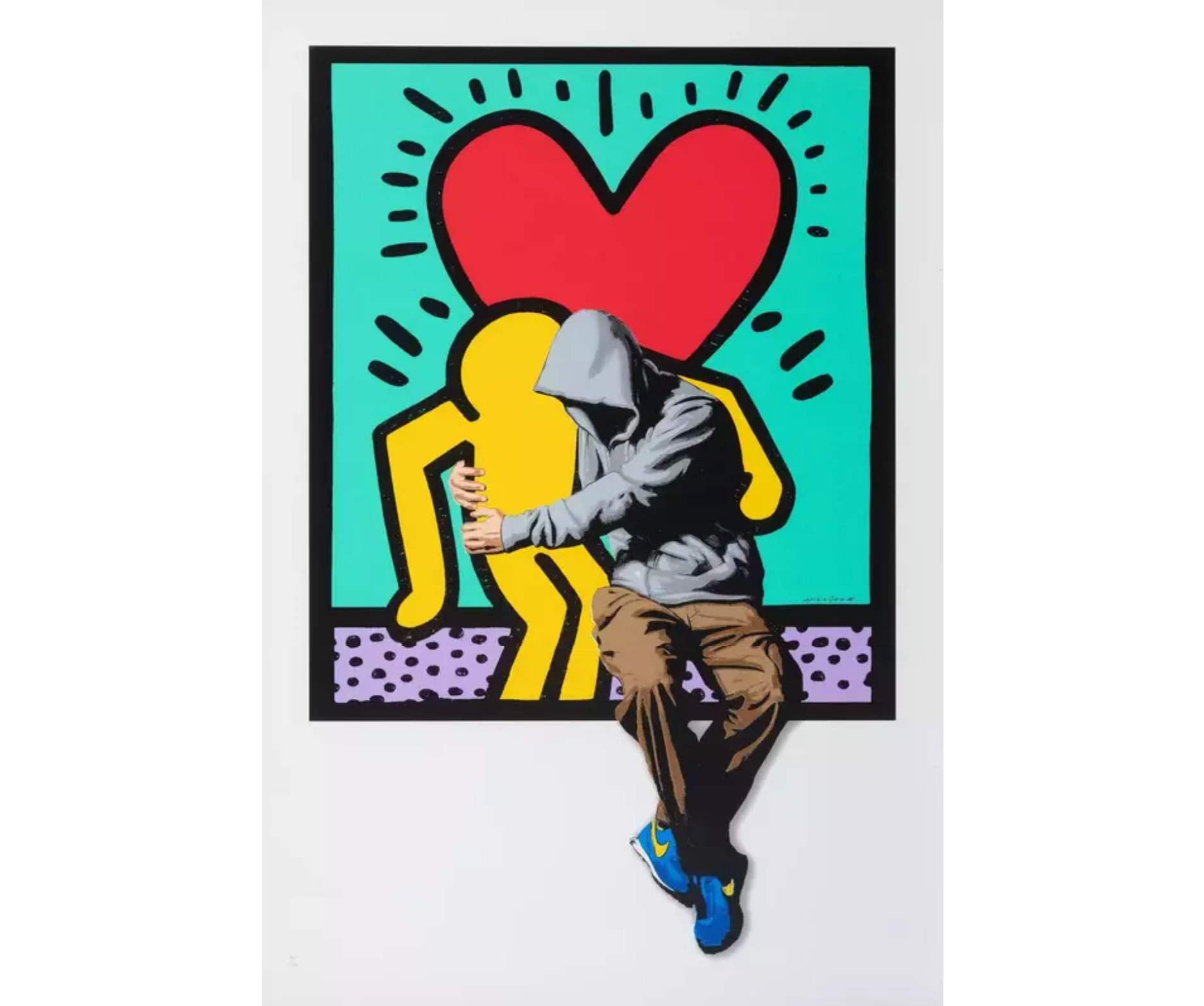 BFF – Hijack BFF van Hijack is een opvallend, energiek en emotioneel geladen kunstwerk dat onmiddellijk het oog trekt. De kunstenaar combineert hier op meesterlijke wijze straatcultuur met popart, en creëert zo een krachtig statement over verbinding in een moderne wereld vol afstand. De figuur met hoodie reikt uit de realiteit naar het iconische personage van Keith Haring. Hierdoor ontstaat een visueel gesprek tussen generaties, stijlen en idealen. Het is niet zomaar een knuffel — het is een brug tussen werelden, tussen mens en kunst, tussen verleden en heden. De felle kleuren contrasteren met het realisme van de figuur. Daardoor ontstaat een spanning die de blik van de toeschouwer blijft vasthouden. Elke kleur straalt emotie uit. De turquoise achtergrond symboliseert frisheid, het rode hart warmte en liefde, en het geel energie en hoop. Dit werk nodigt uit tot reflectie. Want ondanks de digitale wereld waarin we leven, herinnert Hijack ons aan iets essentieels — de kracht van menselijke aanraking. De beweging van de figuur, die letterlijk het kunstwerk binnenstapt, benadrukt dat kunst leeft, voelt en verbindt. Daarnaast speelt Hijack bewust met contrasten. De harde lijnen van Haring’s popstijl ontmoeten de zachtere realistische vormen van de jongen. Zo toont het werk een dialoog tussen spontaniteit en controle, tussen emotie en ratio. BFF is daardoor niet enkel visueel sterk, maar ook mentaal prikkelend. Kortom, dit werk is een lofzang op vriendschap, begrip en verbondenheid. Het daagt uit, ontroert en inspireert tegelijkertijd.