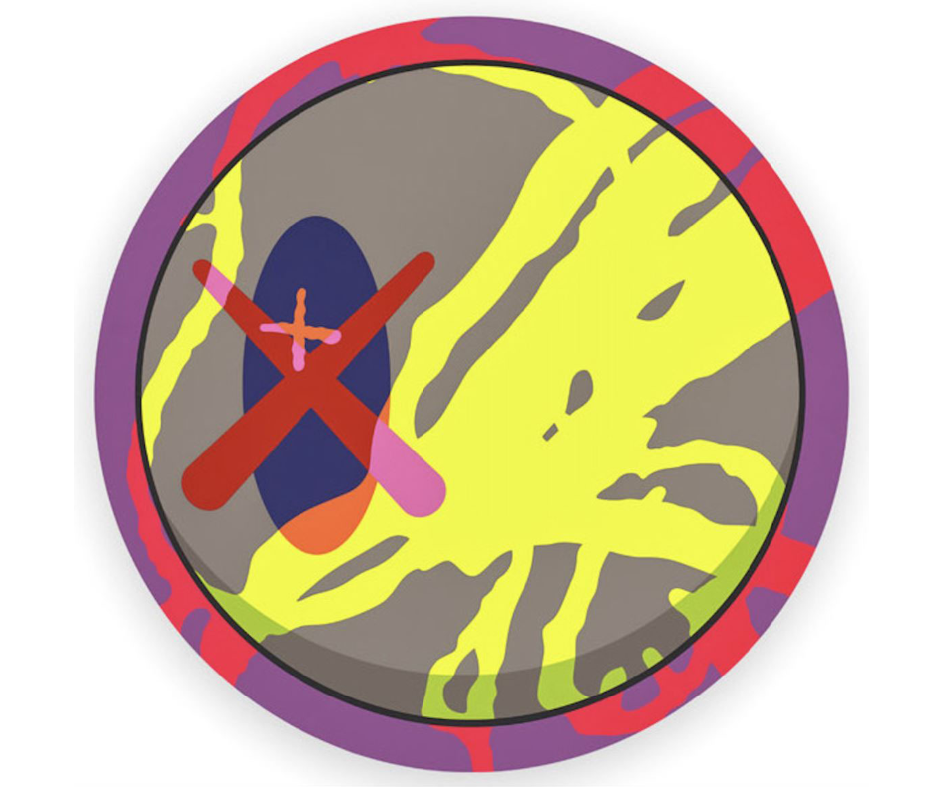 The News – KAWS The News van KAWS is een krachtig visueel statement dat direct de aandacht grijpt. De ronde compositie pulserend van kleur en energie, nodigt de toeschouwer uit om verder te kijken dan het oppervlak. Het werk combineert felgeel, diep paars, rood en neonaccenten tot een dynamisch geheel vol spanning en ritme. Bovendien verwijst het iconische kruisvormige motief subtiel naar de bekende XX-signatuur van KAWS — zijn persoonlijke symbool voor anonimiteit, popcultuur en moderne identiteit. De lijnen zijn scherp, de vormen gedurfd, en de kleuren botsen opzettelijk om emotie en beweging op te wekken. Daardoor ontstaat er een intrigerende balans tussen chaos en controle. Elk element in The News lijkt te vibreren van intensiteit. Dit werk confronteert, prikkelt én inspireert. Het laat zien dat nieuws – in de wereld van KAWS – niet enkel informatie is, maar pure beleving. De contrasterende kleuren zorgen voor een ritmisch samenspel, terwijl de abstracte vormen iets universeels oproepen: herkenning in verwarring. Tegelijk is de ronde vorm een symbool van cycli, eindeloosheid en voortdurende verandering — precies wat nieuws in onze tijd belichaamt. Kortom, The News is niet zomaar een kunstwerk, het is een visuele vertaling van het moderne ritme van aandacht, media en emotie.